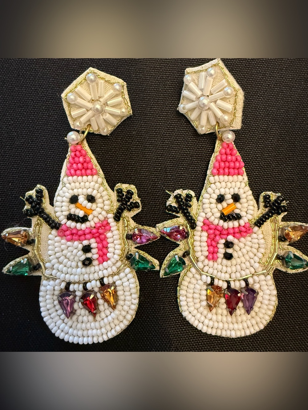 Beaded Snowman Statement Earrings - Pink & White